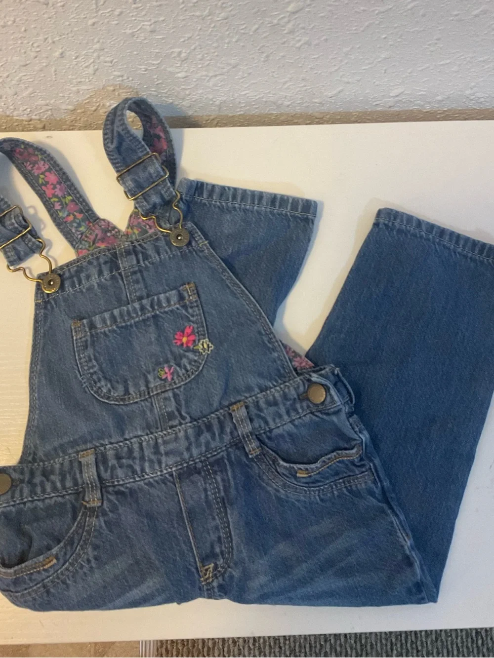 Genuine Kids Osh Kosh Denim Floral Embroidered Bib Overalls
